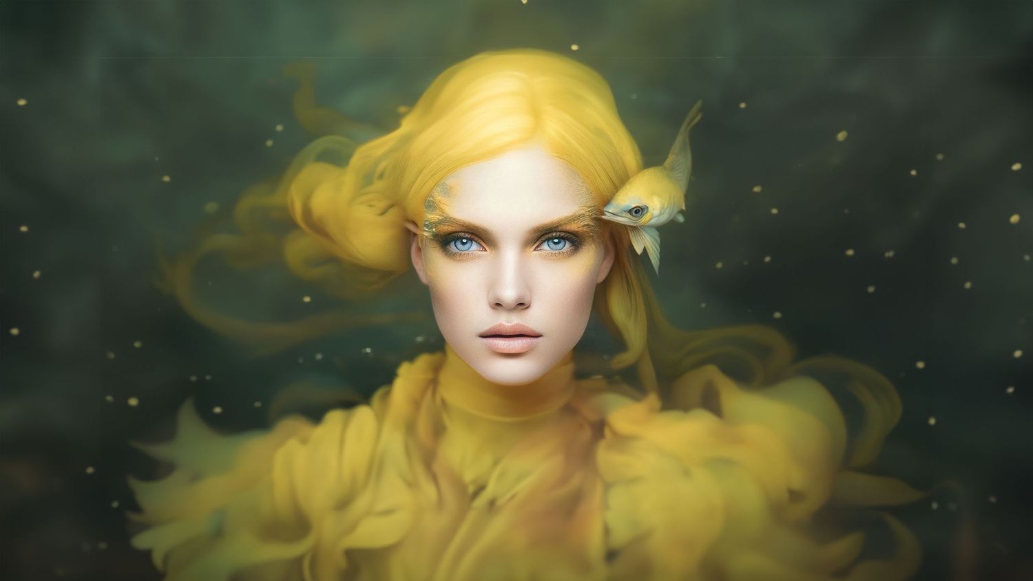 Ethereal artistic portrait with flowing yellow fabric and dreamy atmosphere against dark background.