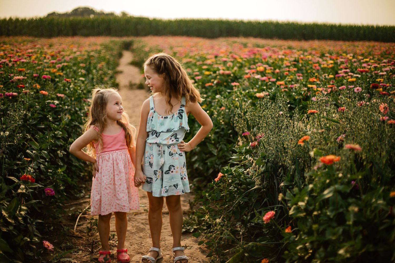 Two young sisters in colorful dresses holding hands and smiling in a vibrant flower field.