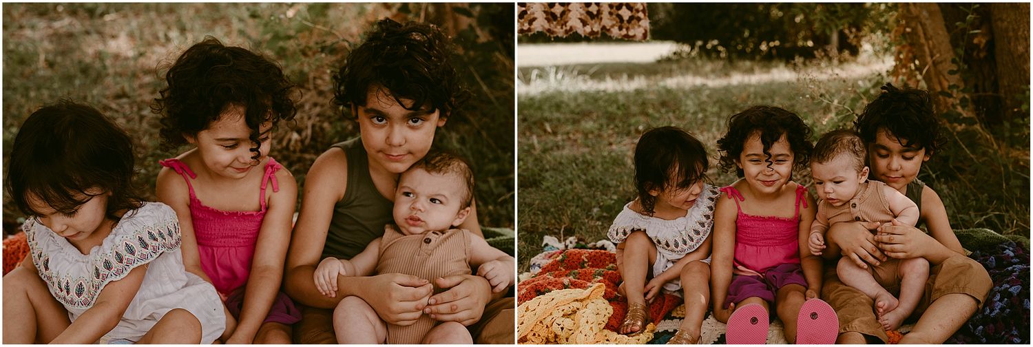 Two similar shots of children sitting together with retro patterned backdrop.
