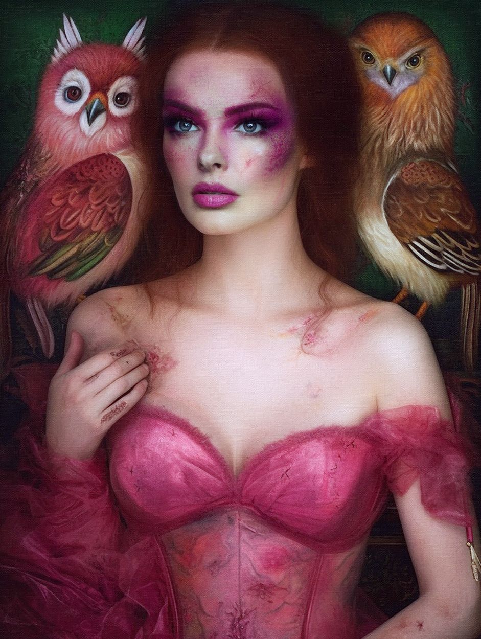 Enchanting artistic portrait with pink corset and two owls against dark forest background.