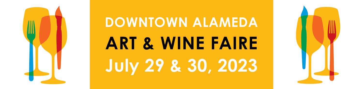 Yellow banner for Downtown Alameda Art & Wine Faire 2023 with decorative orange and red wine glass icons.