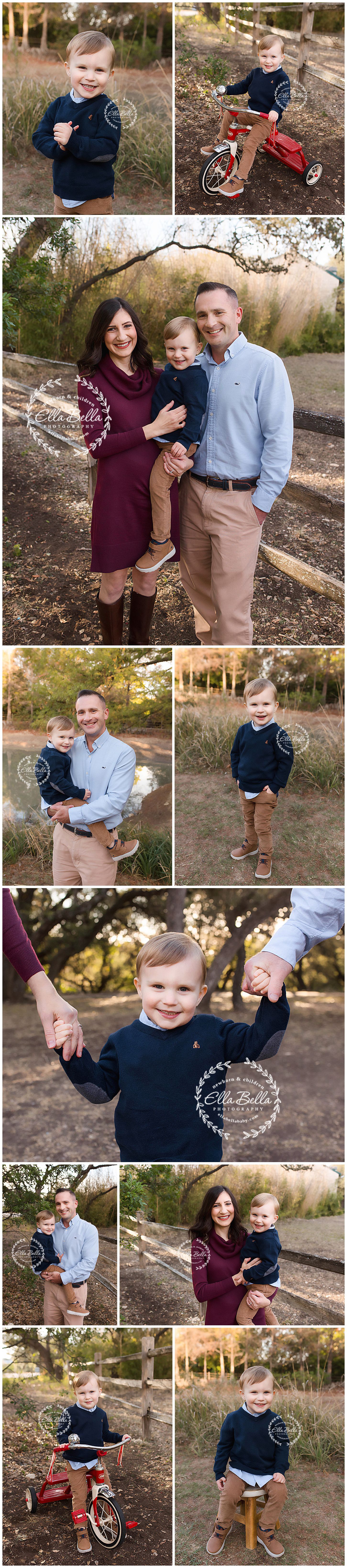 Collection of outdoor family photos featuring a red tricycle and casual fall attire.