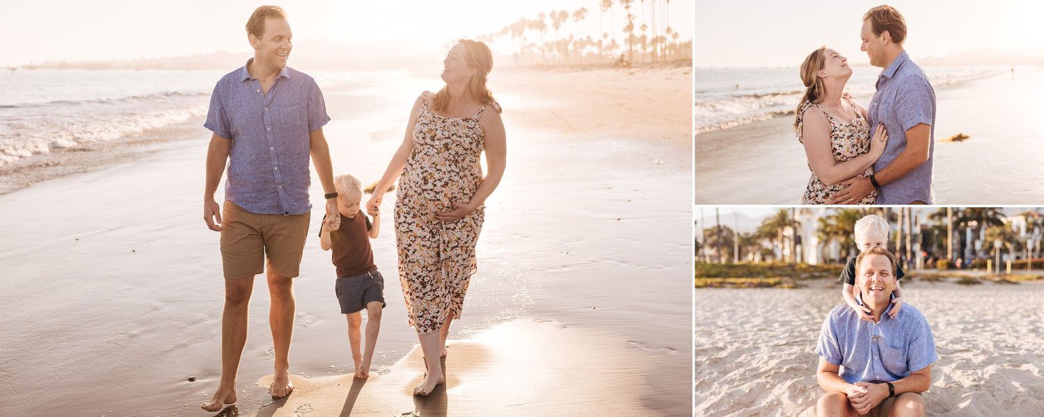 Family walking together along the shoreline during a sunset beach photoshoot.