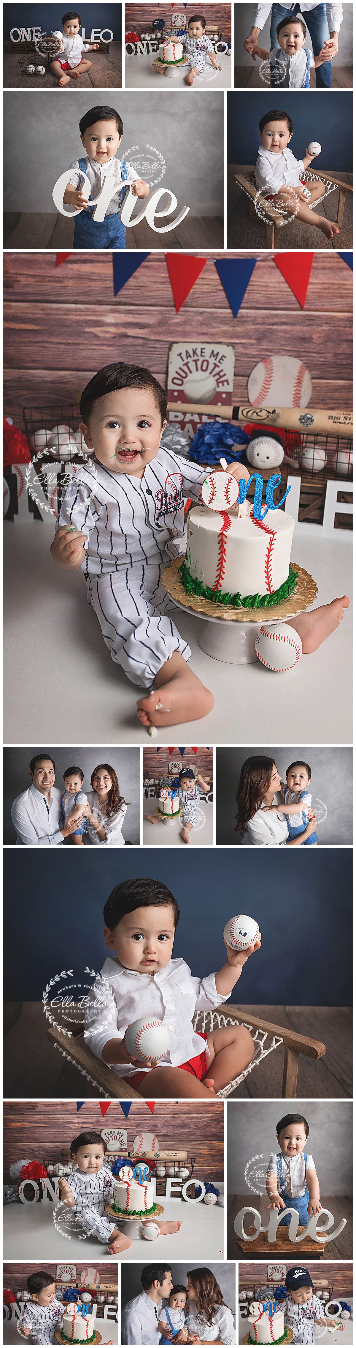 Baseball themed first birthday photo collection with cake smash and family portraits.
