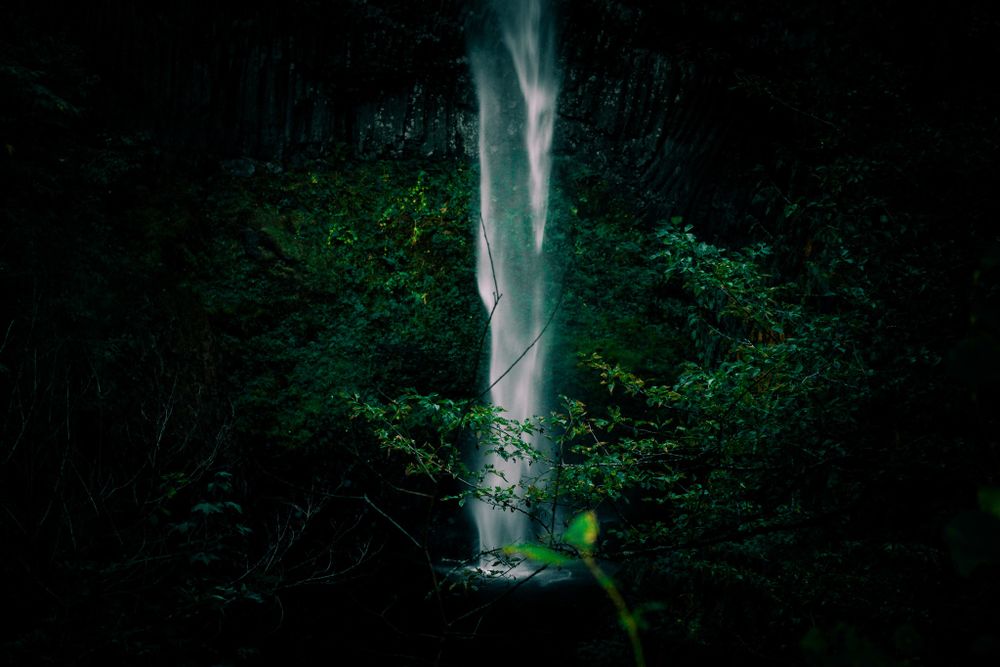 Dramatic waterfall cascading through dark forest with glowing green foliage.