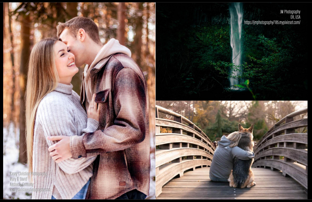 Photo collage featuring romantic couple portraits and nature scenes.