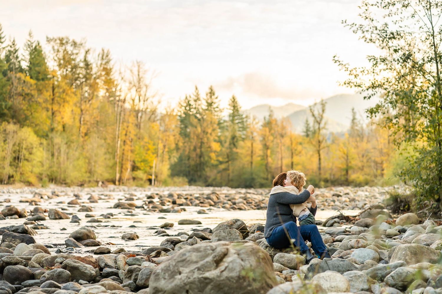 Son hugging his mother happily in North Bend.