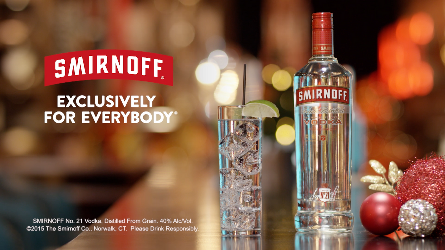 Smirnoff vodka bottle and cocktail glass displayed with marketing text against blurred background.