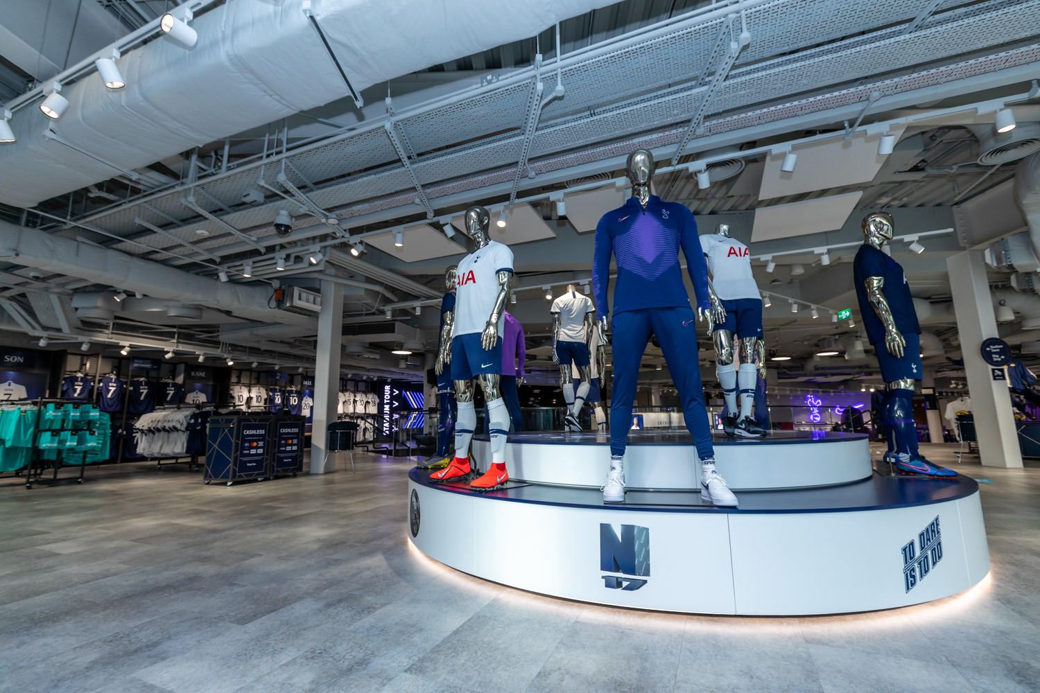 An interior photograph showing retail products in the Tottenham Hotspur retail store at the Tottenham Hotspur stadium by