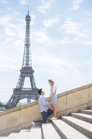 Series of celebratory poses on Trocadero steps with Eiffel Tower as backdrop.