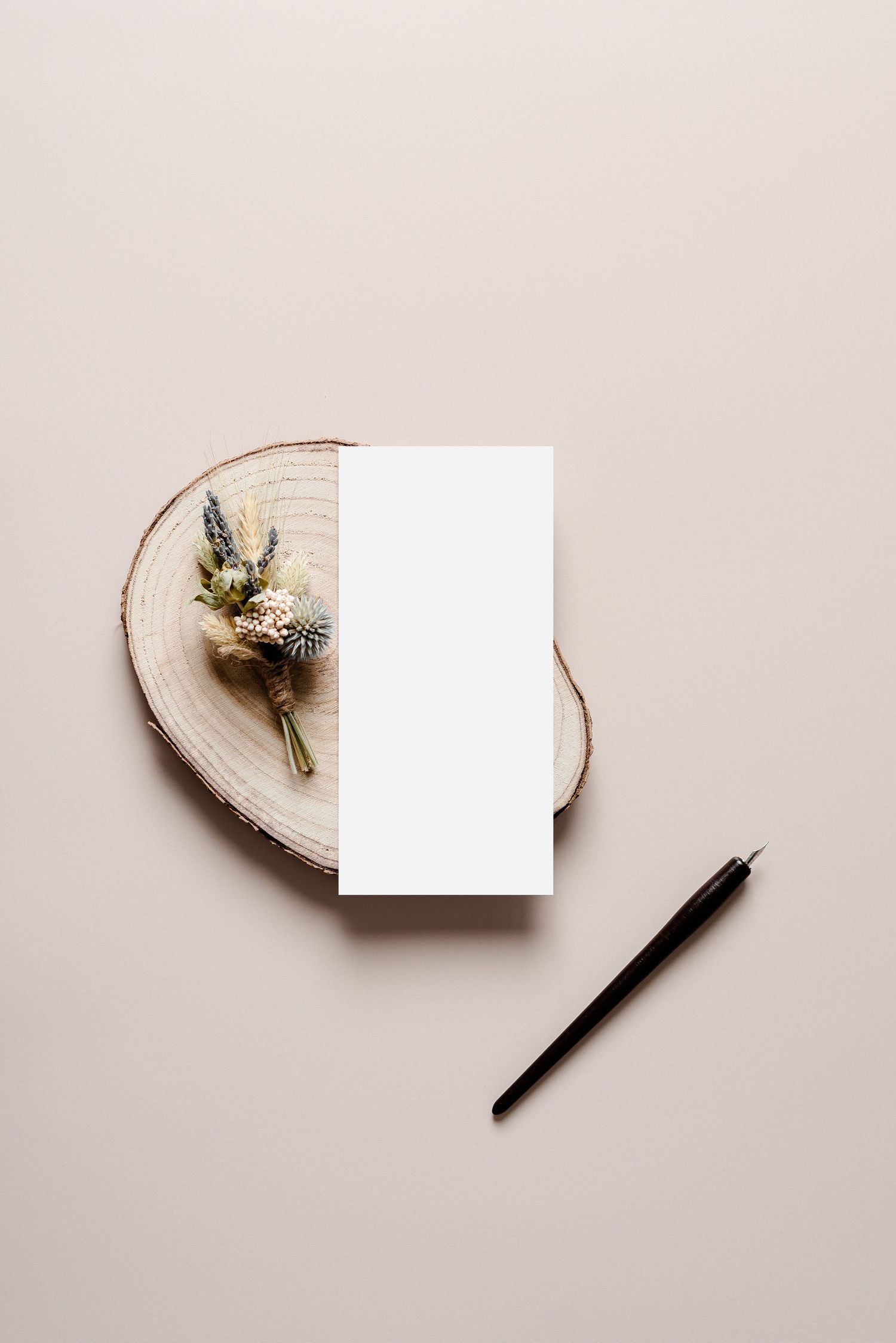 menu mock-up with fountain pen and wedding foliage on neutral backdrop, stylish stock photos for wedding invites