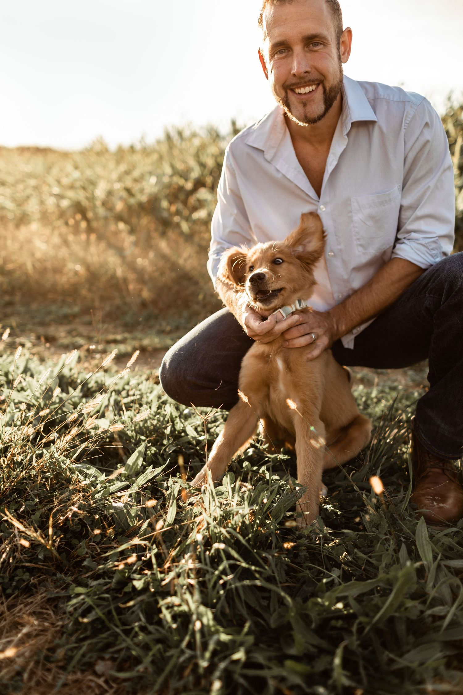 Happy dog and companion sharing joyful moment in sunlit field during golden hour.