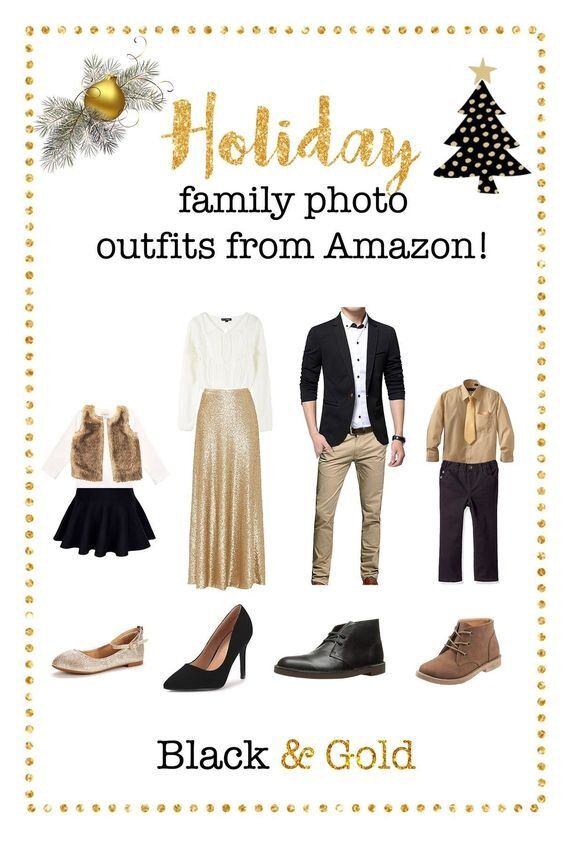 Holiday family photo outfit guide in black and gold with matching shoes and accessories.