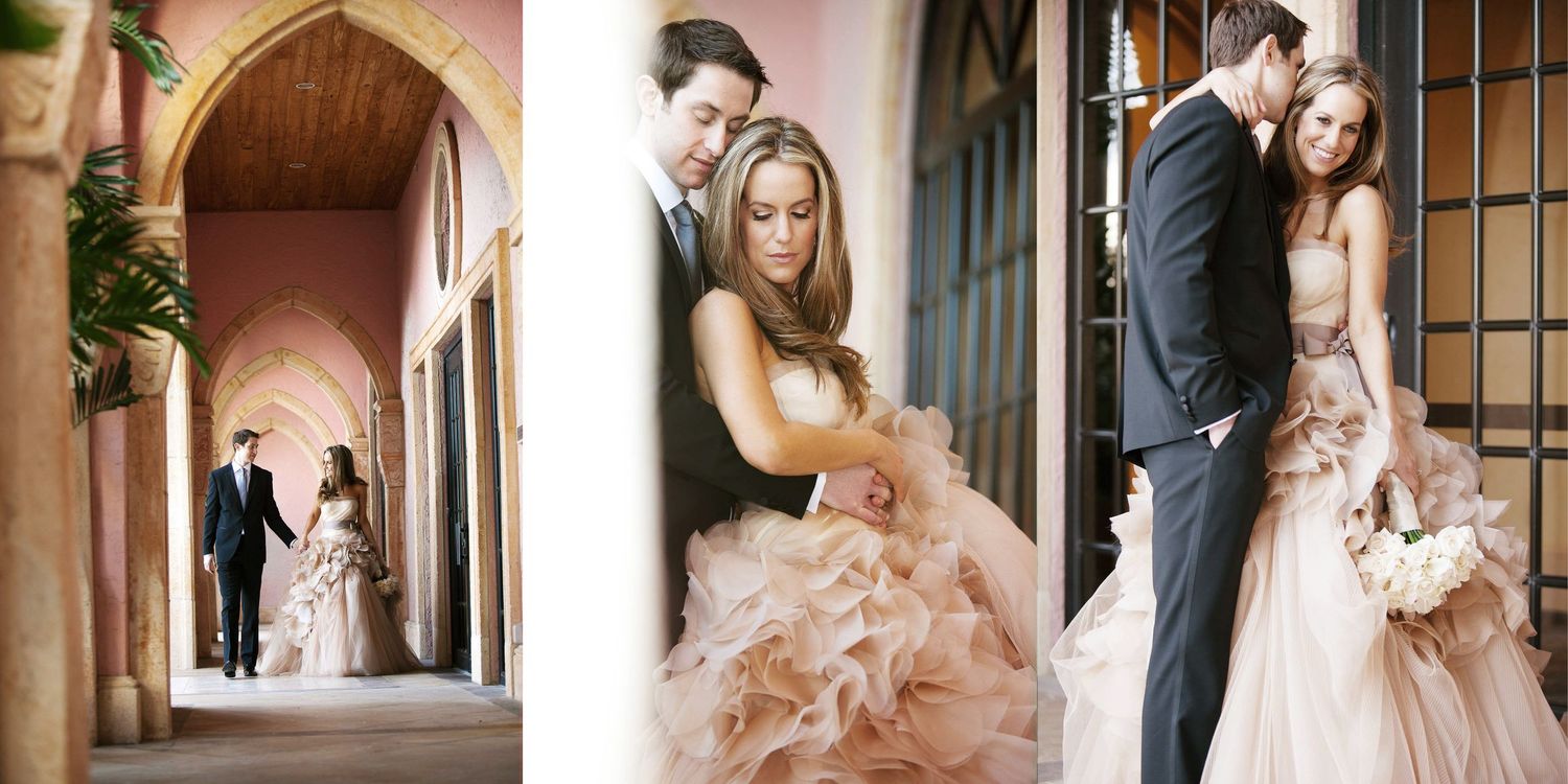 Romantic wedding photo collage showing couple portraits in blush gowns against elegant arched hallways.