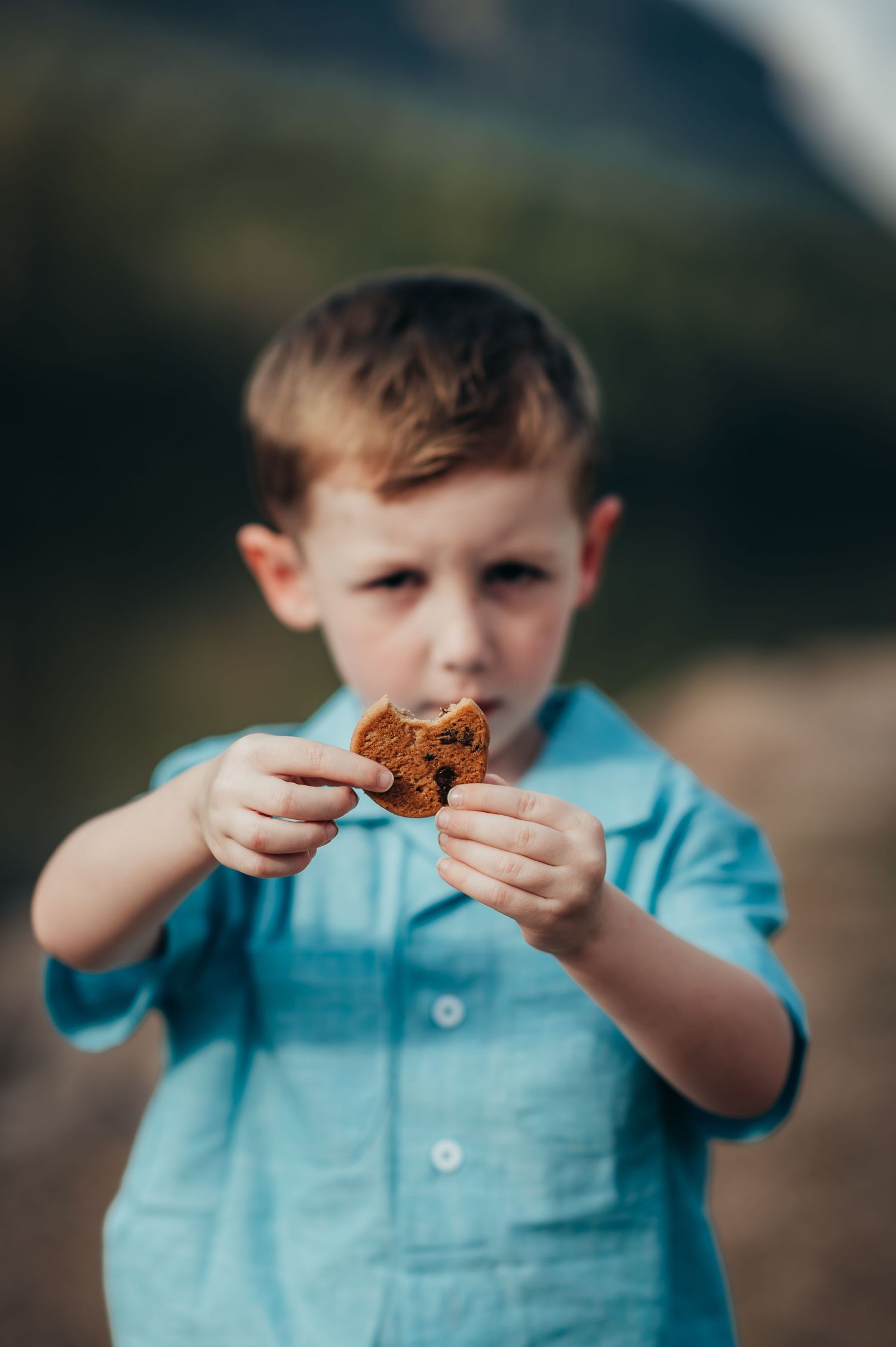 little boy in blue shirt holds out a chocolate chip cookie with one bite taken out of it