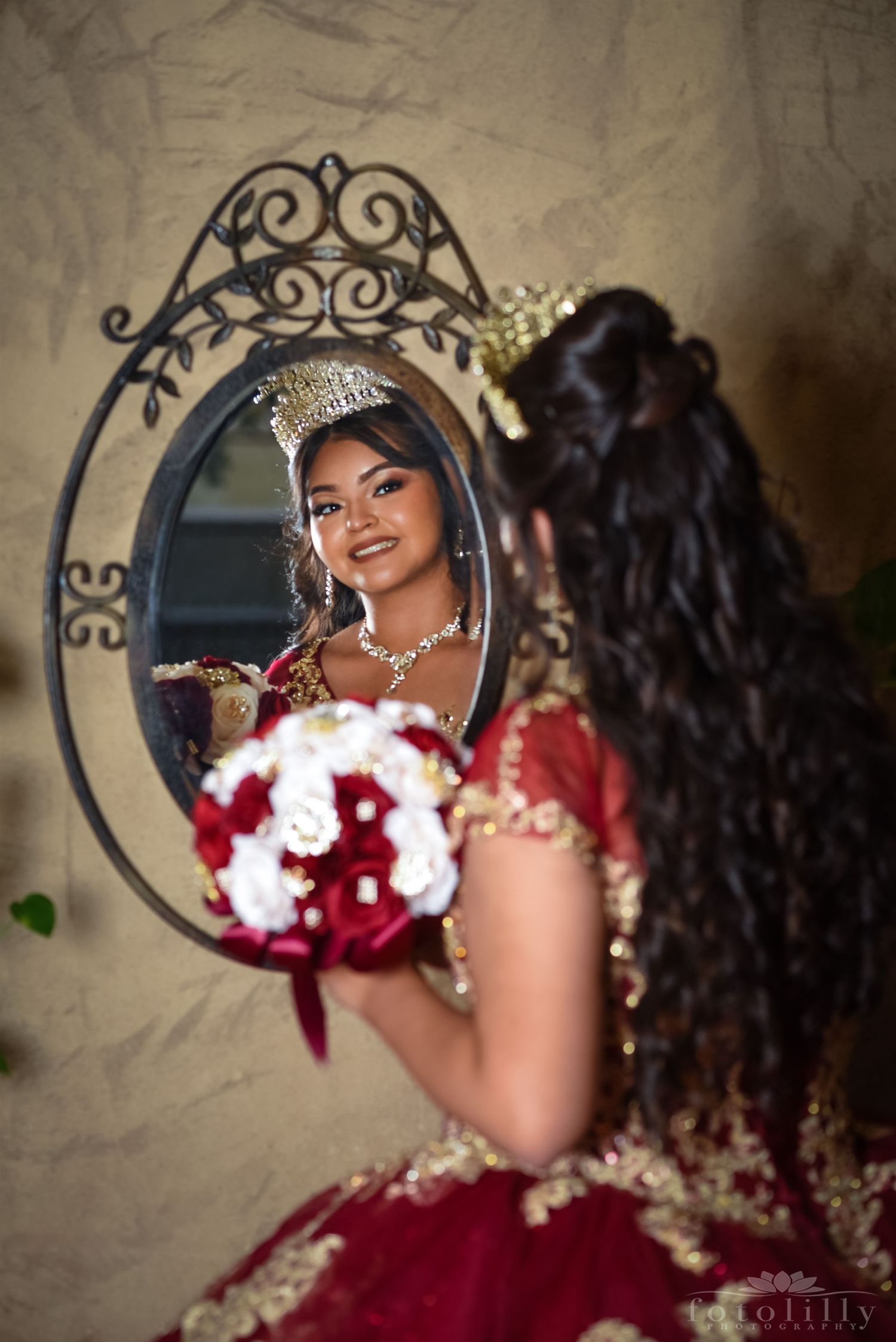 quinceanera photography session in red and gold dress fort worth dallas texas fotolilly photography