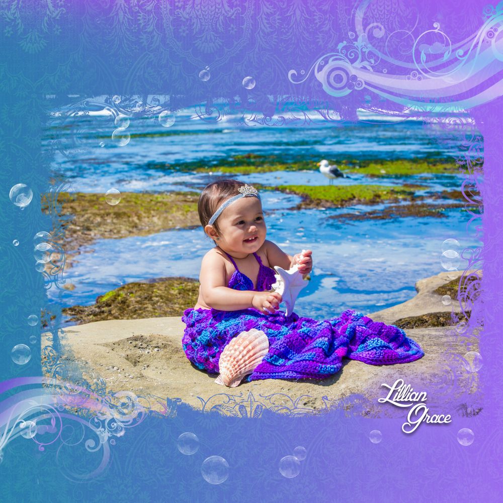 Purple and blue beach photo series with decorative bubble overlays and coastal elements.
