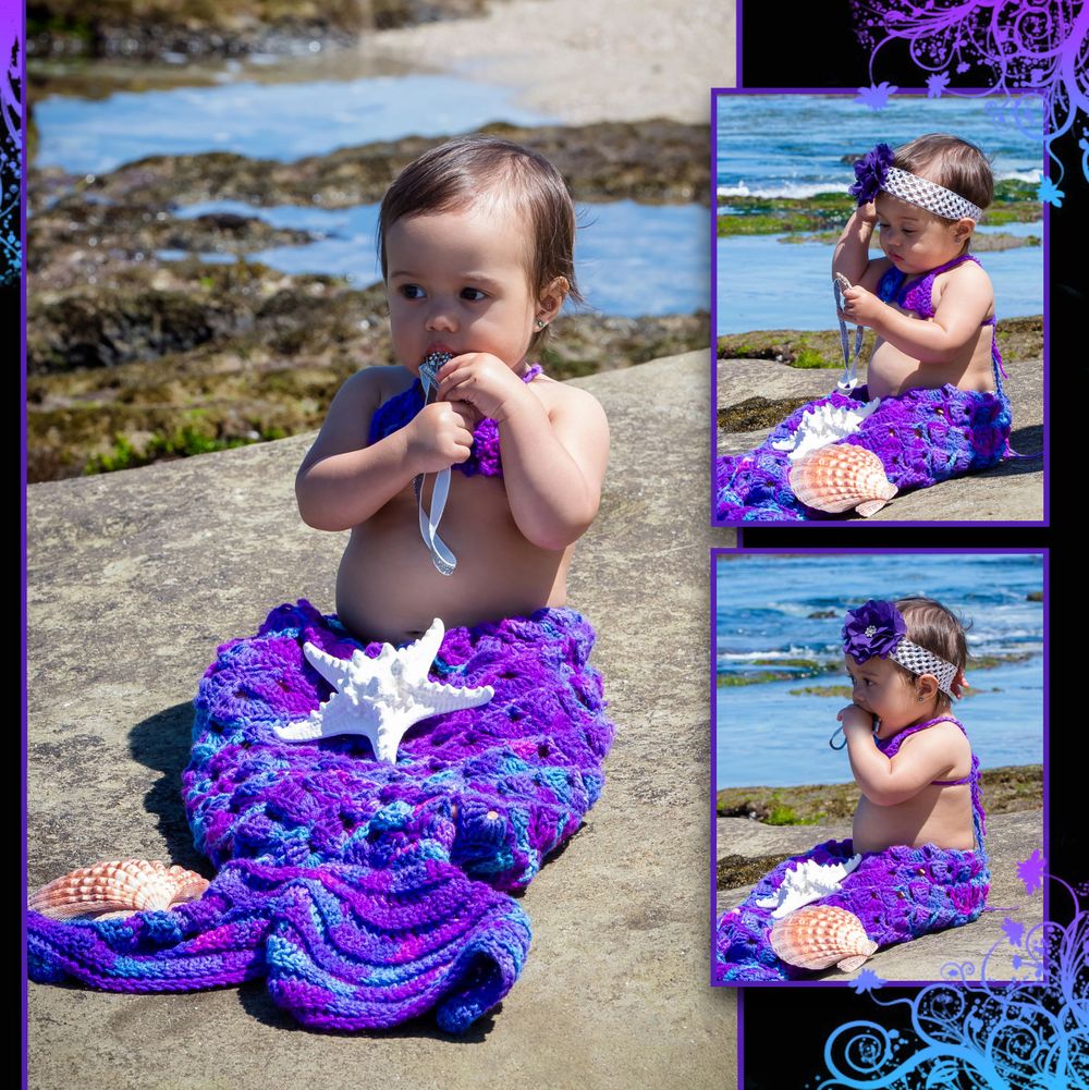 Purple and blue mermaid tail costume with scale pattern photographed on rocky beach.