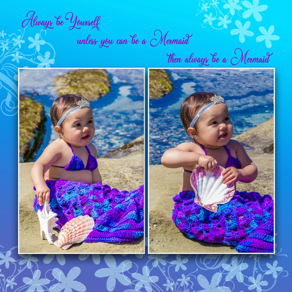 Mermaid-themed photo collection with blue snowflake borders and text overlays.