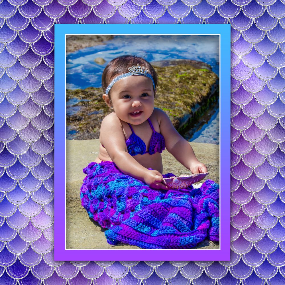 Collage of mermaid photos with purple scale pattern frame and ocean background.