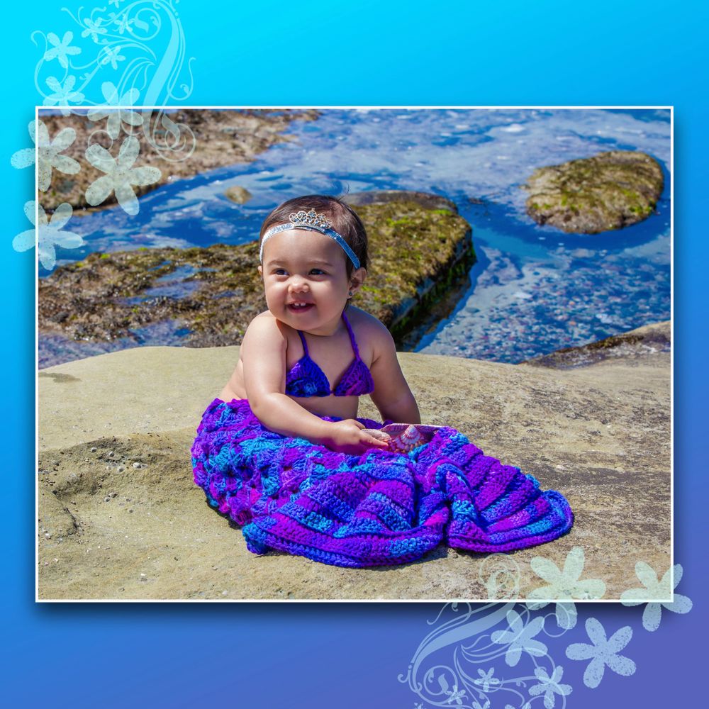 Coastal photo strip with decorative blue borders showing beach scenes and seashells.