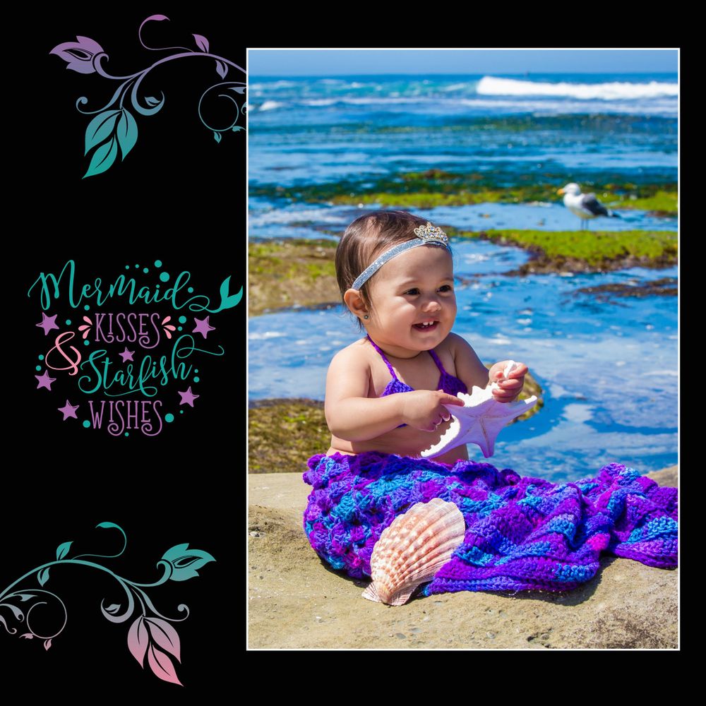 Beach photography series with dark background and mermaid-inspired text elements.