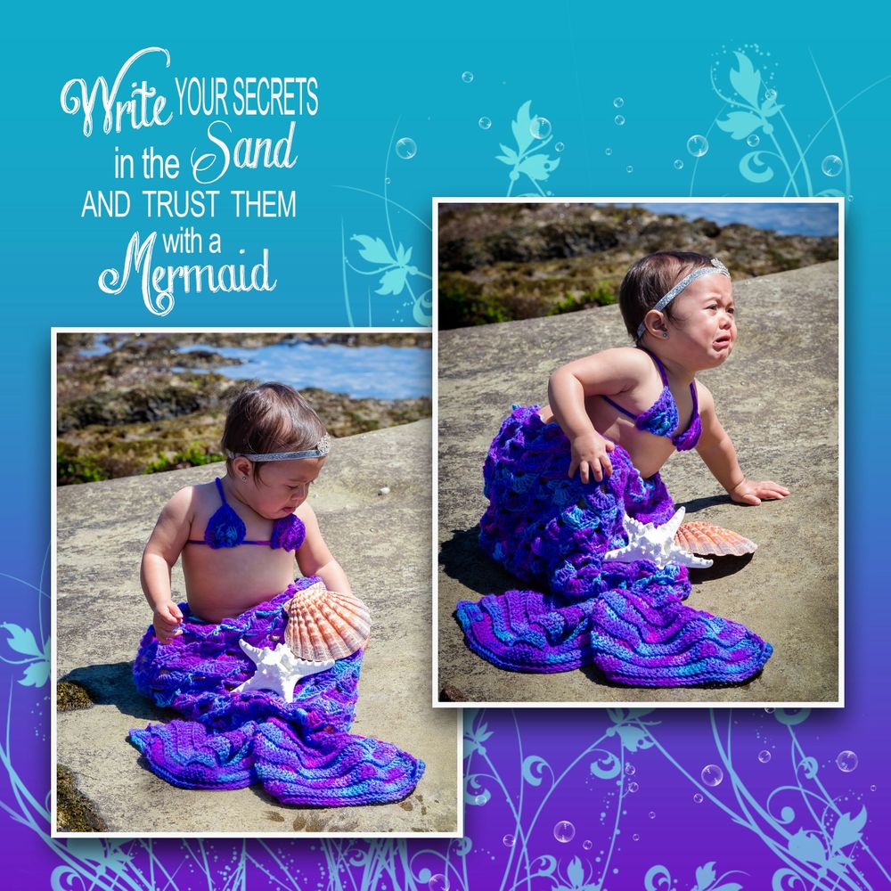 A mermaid-themed photo layout with purple decorative elements and text about writing your secrets in the sand.