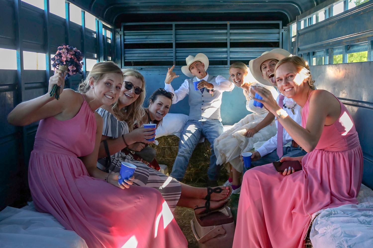 wedding party in trailer