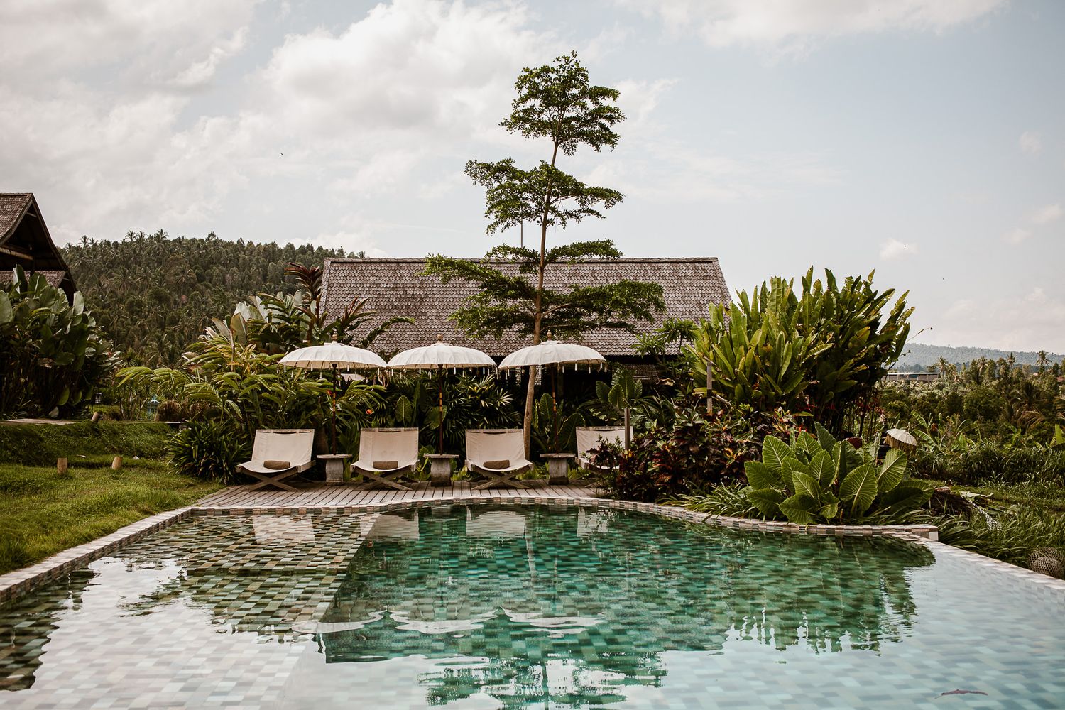 Pool lounger next to a pool and lush greenery at Sanak Retreat on Bali Indonesia