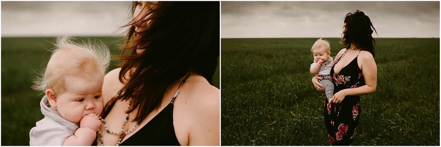 Artistic diptych showing tender outdoor moments in a grassy field at dusk.
