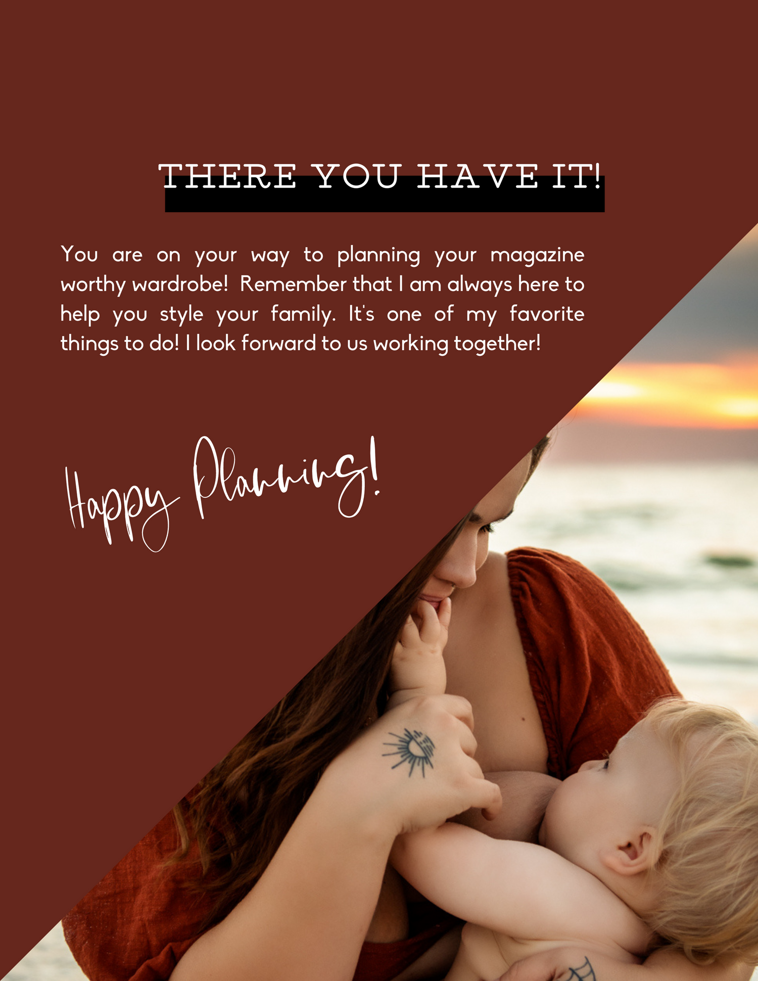 A mother tenderly holds her baby near a sunset beach, with text about wardrobe planning services.