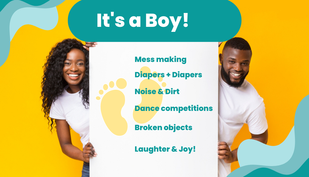 Colorful announcement banner for a boy's party listing fun activities on turquoise and yellow background.