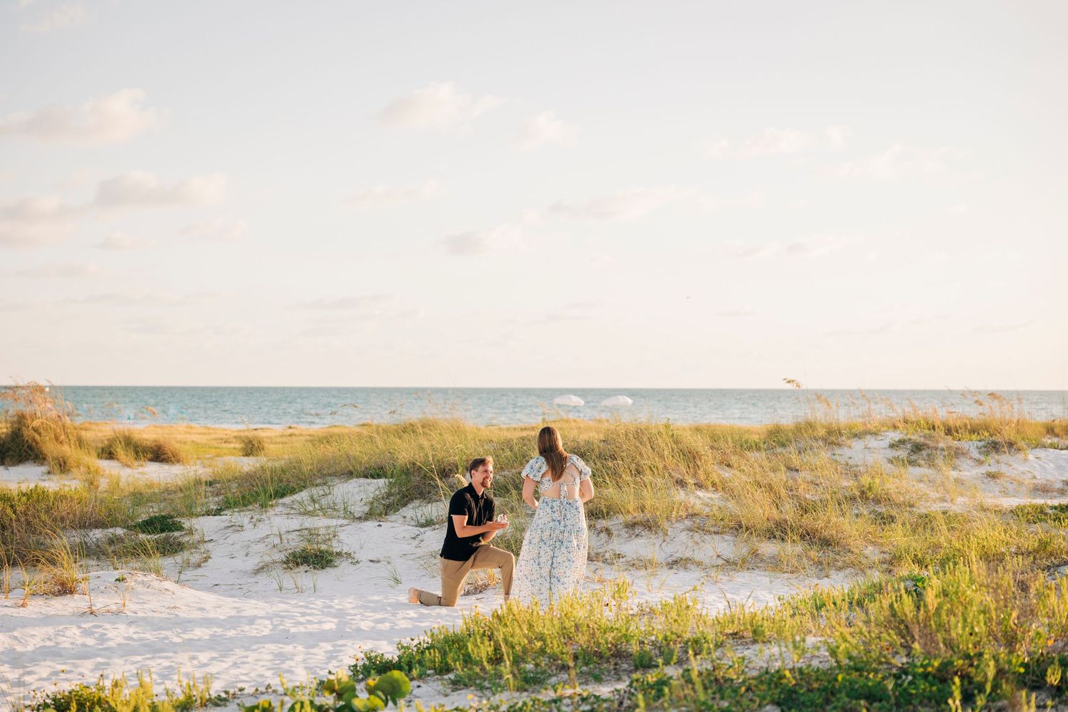 Man proposing to his fiance on Lido Beach in the dunes at sunset taken by Sarasota Wedding Photographer.