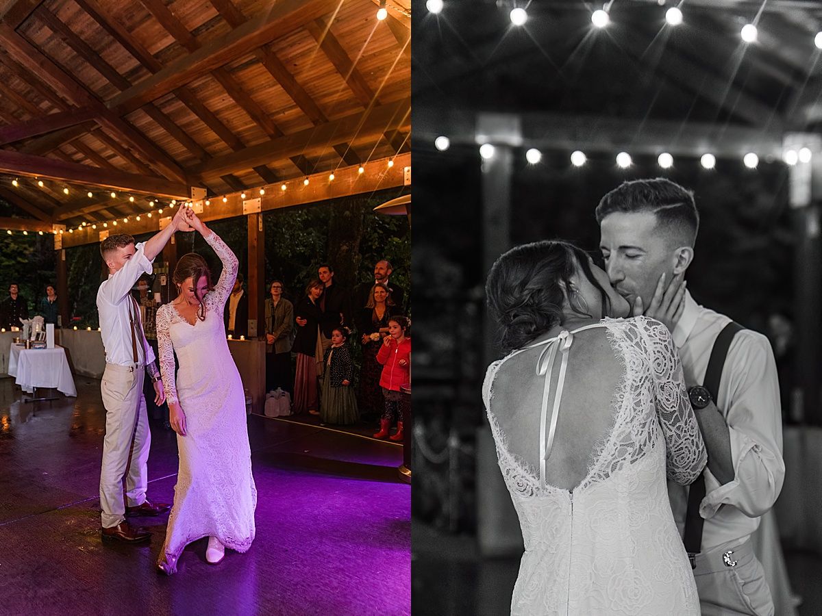 Photography of bride and groom first dance and kiss at wedding reception