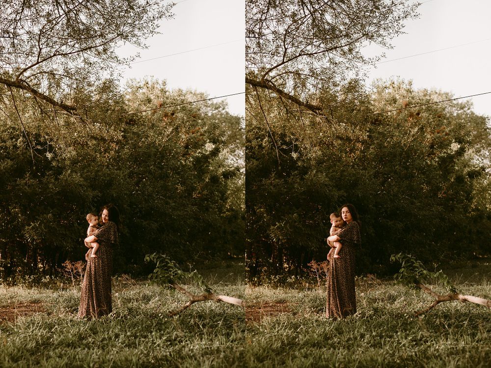 Diptych of loving family moments captured in a natural outdoor setting during golden hour.