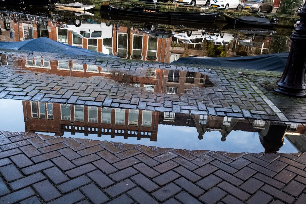 Amsterdam canal-side buildings and brick cobblestone pavement reflected in a large rain puddle.