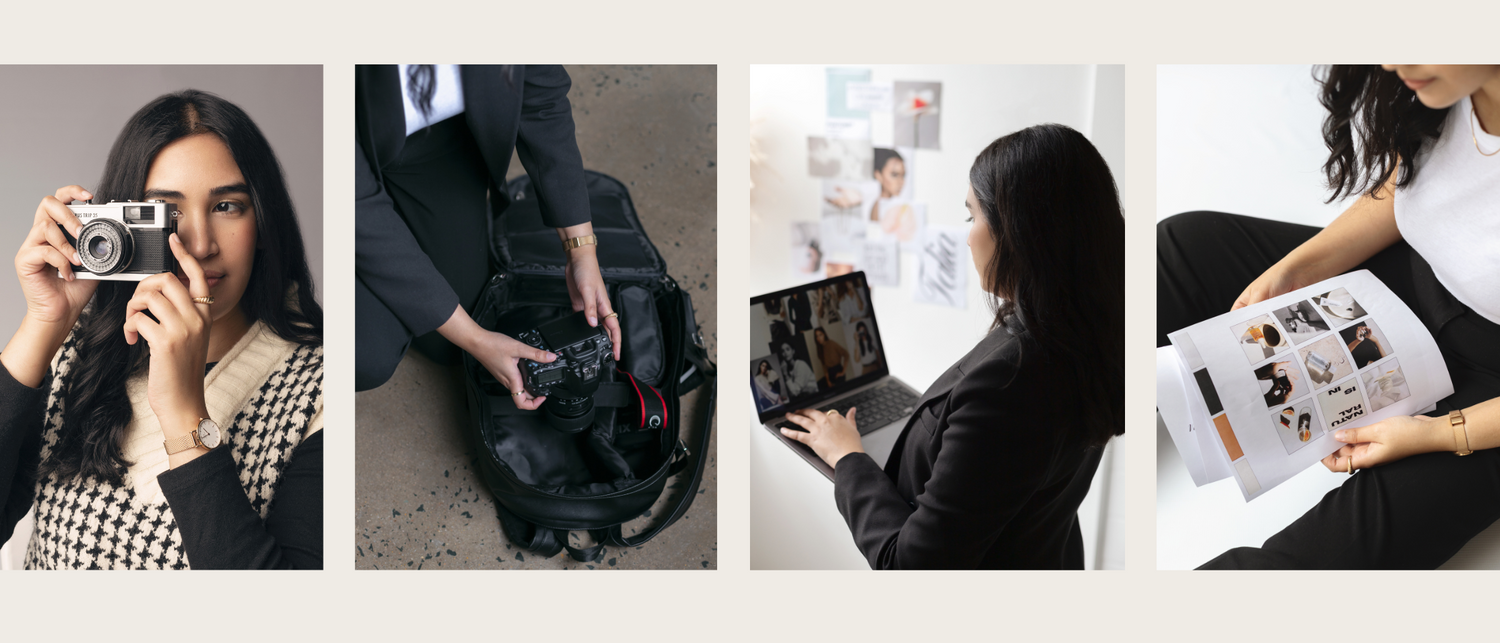 Collection of lifestyle photography showing camera work, documents and business scenes.