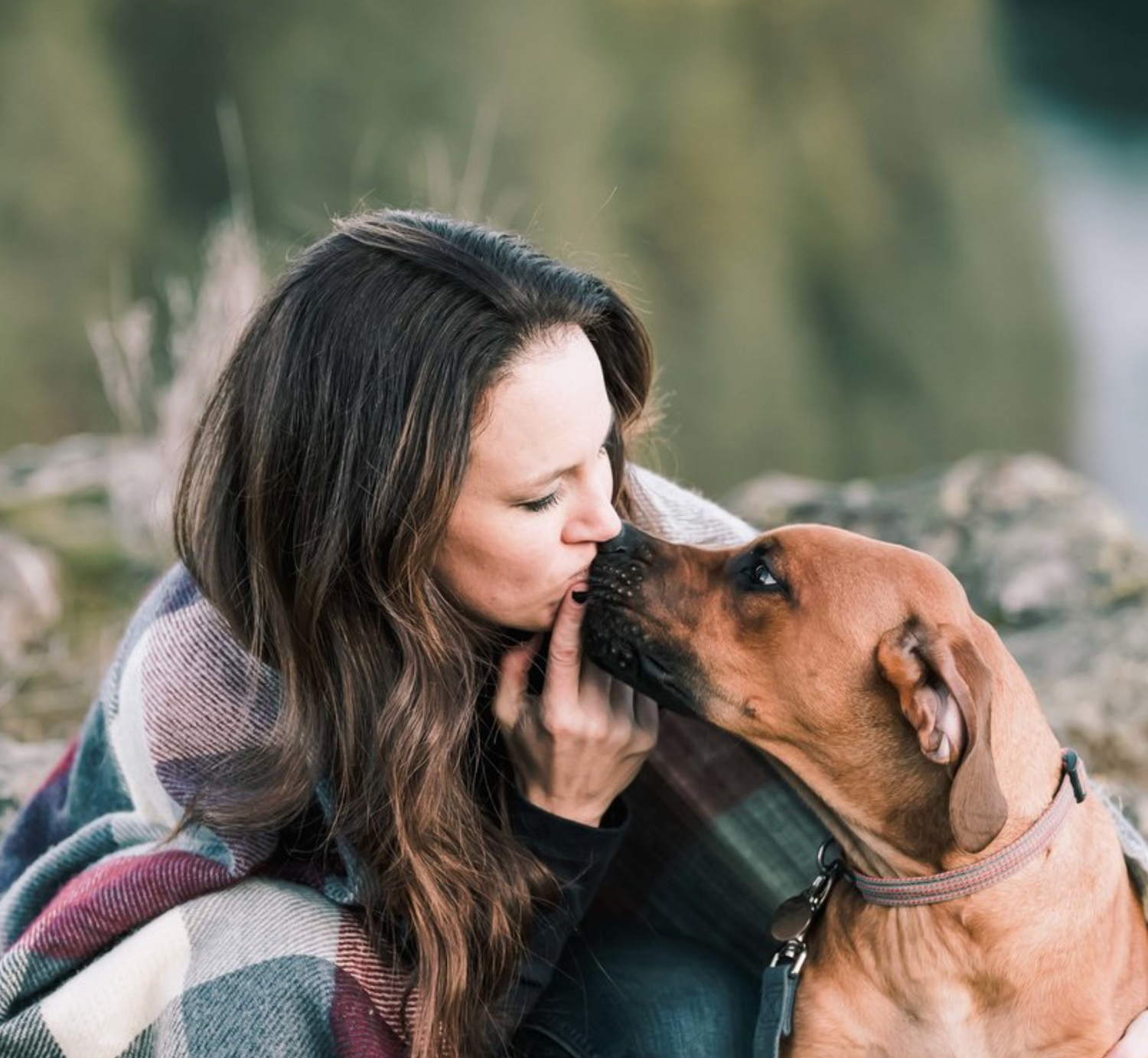 Close-up shot of a person and their dog sharing an intimate moment outdoors.
