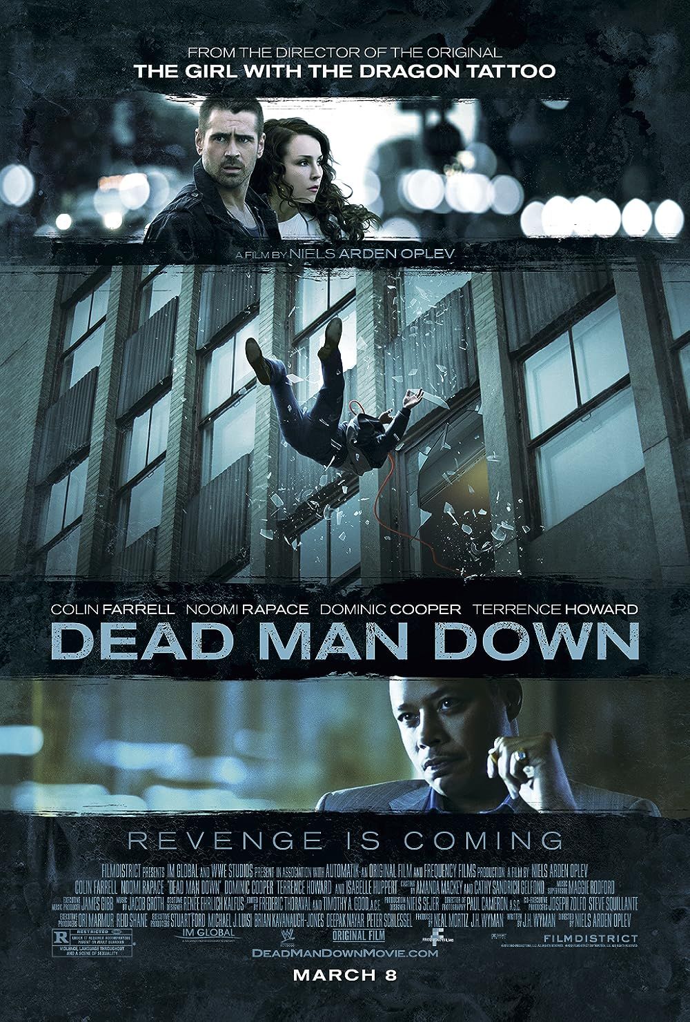 Action thriller poster for 'Dead Man Down' featuring a figure falling amid shattered glass.