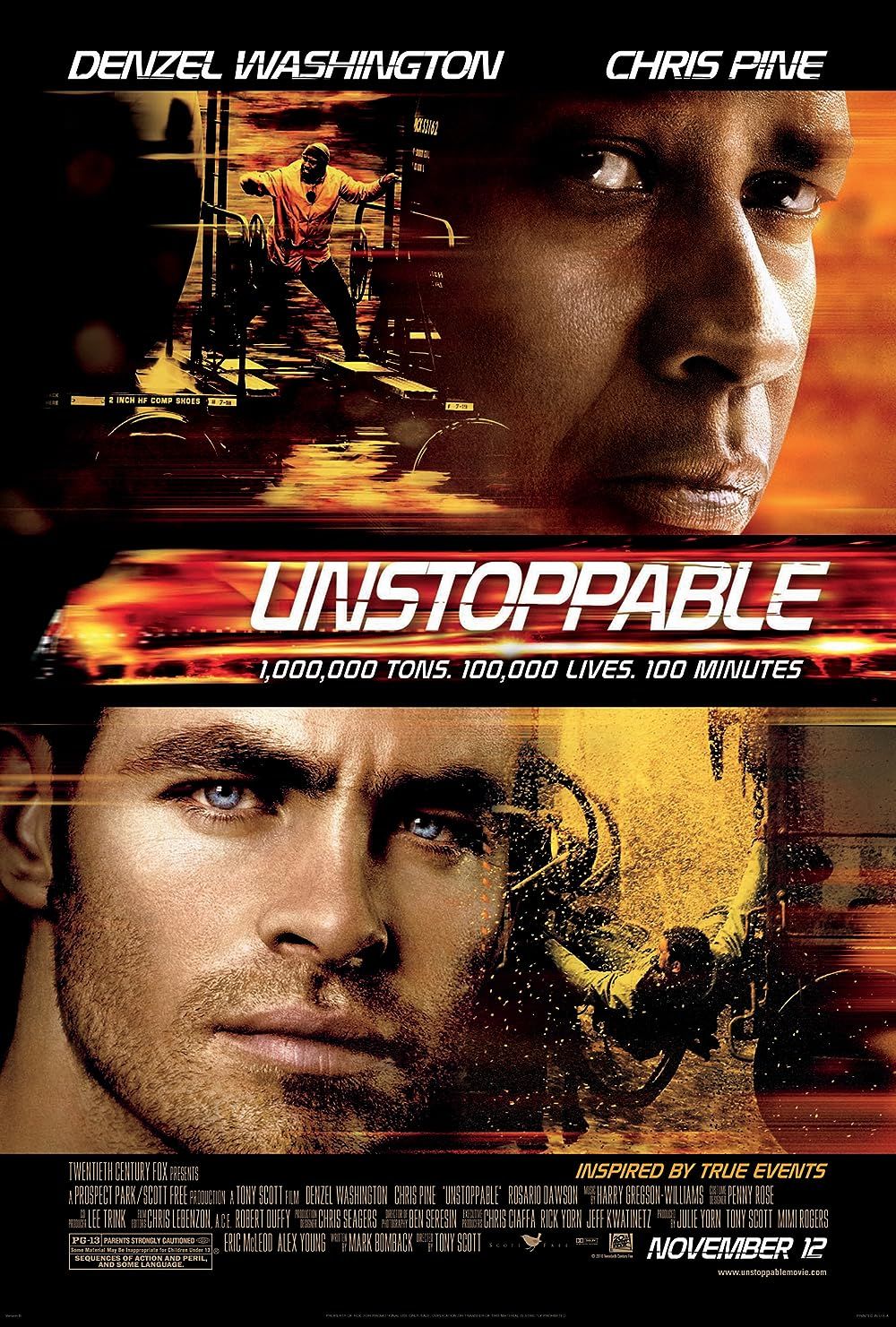 Action movie poster for Unstoppable showing dramatic split portrait of two leads against fiery background.