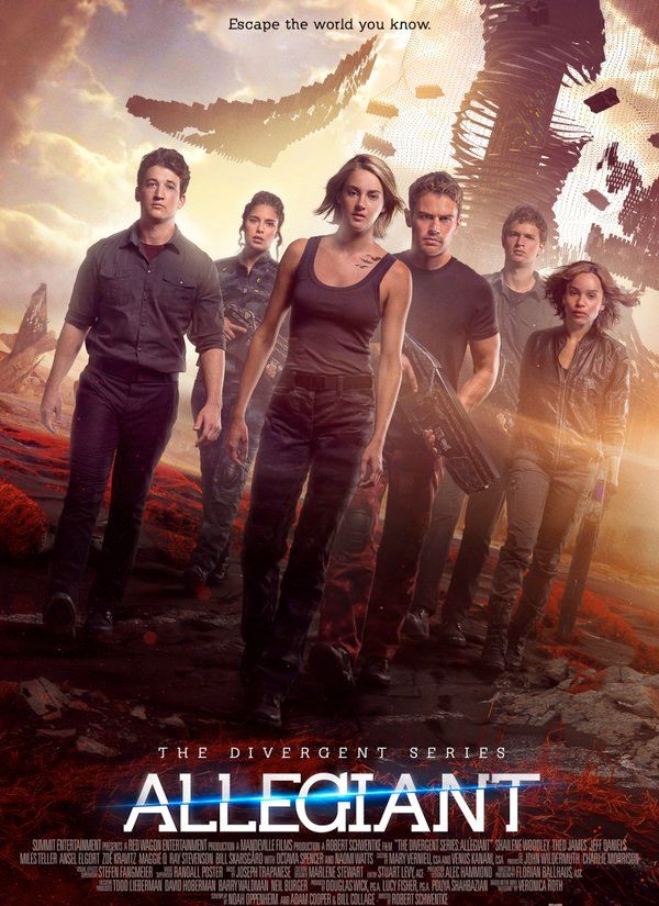 Movie poster for The Divergent Series: Allegiant showing group of characters against dramatic apocalyptic backdrop.