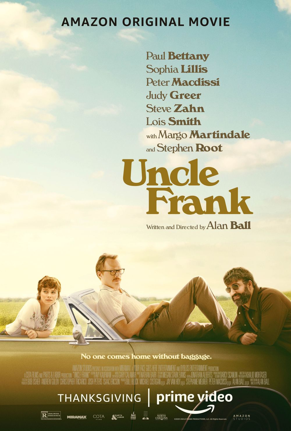 Amazon movie poster for 'Uncle Frank' showing three people lounging in a sunny field setting.