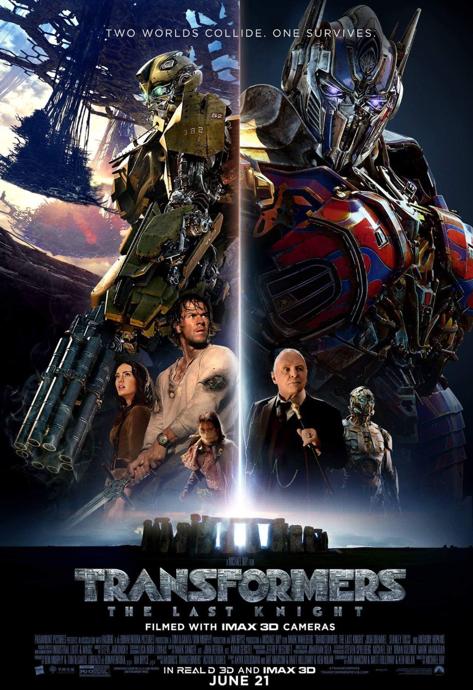 Movie poster for Transformers featuring Optimus Prime and Bumblebee towering over human characters against a dark sky.