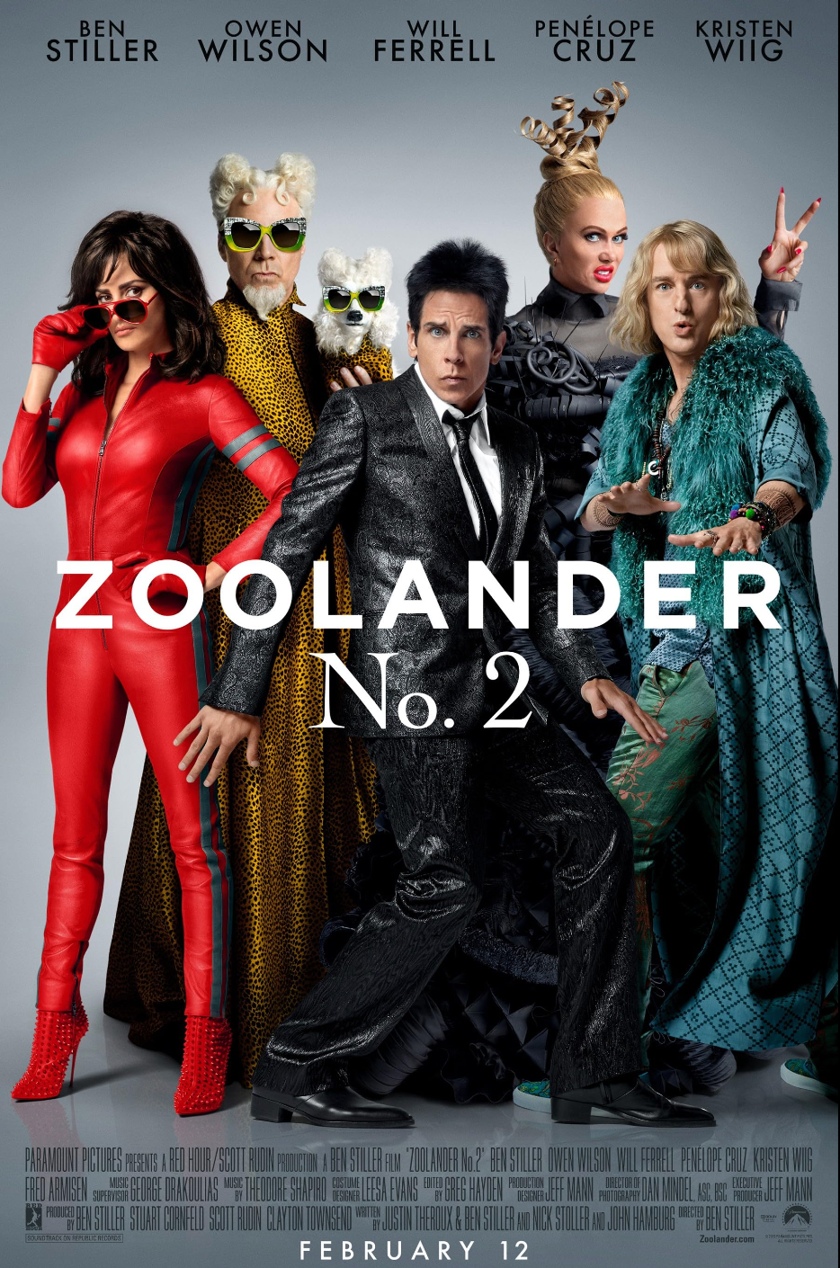 Movie poster for Zoolander 2 featuring cast members in flamboyant fashion poses against white background.