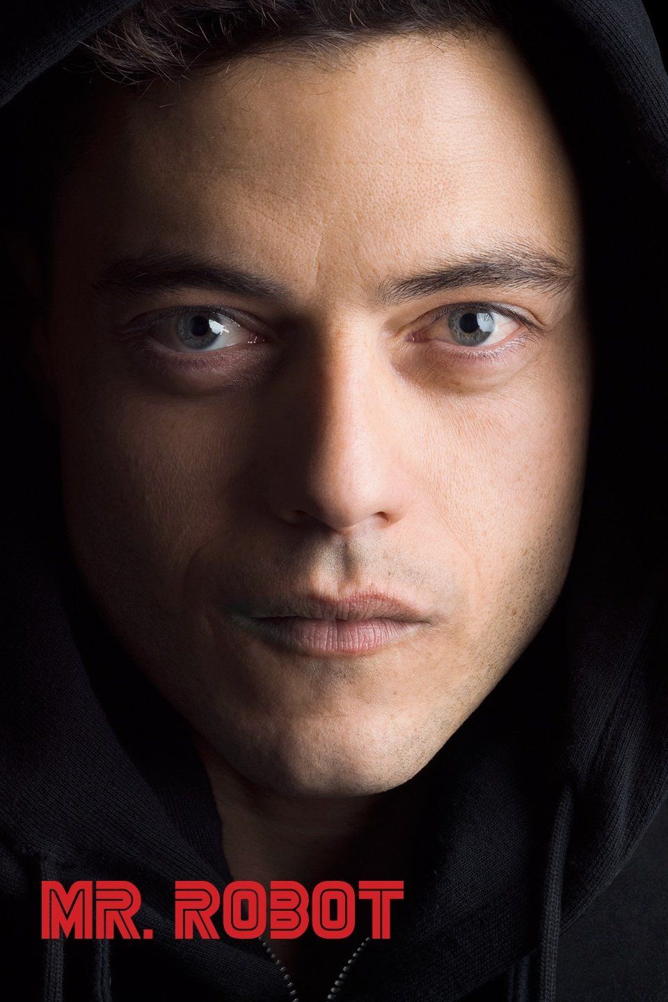 Dark promotional image for 'Mr. Robot' showing a figure in a black hoodie.