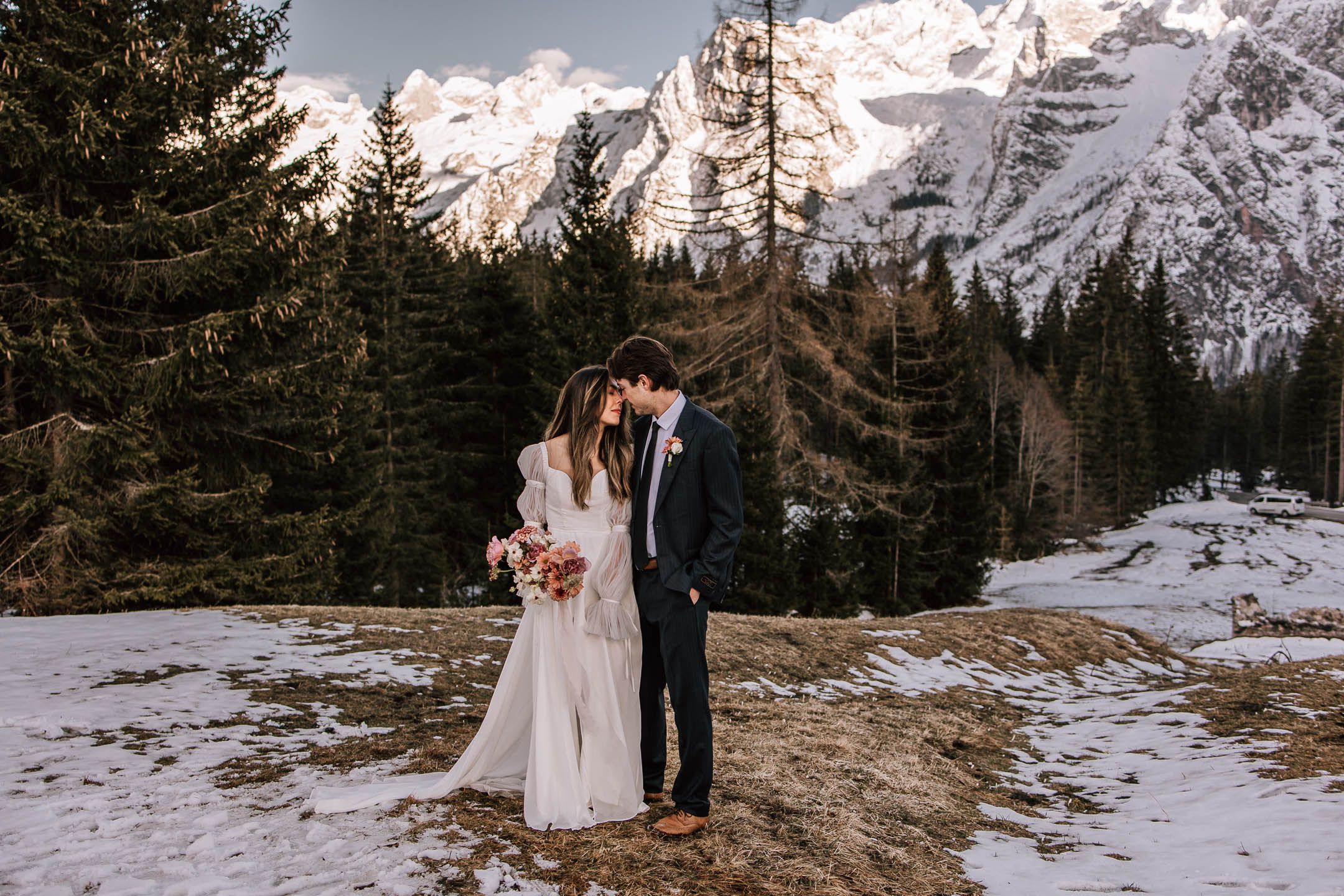 Bride and Groom in mountain in Banff Calgary Canada for an Adventure mountain elopement wedding