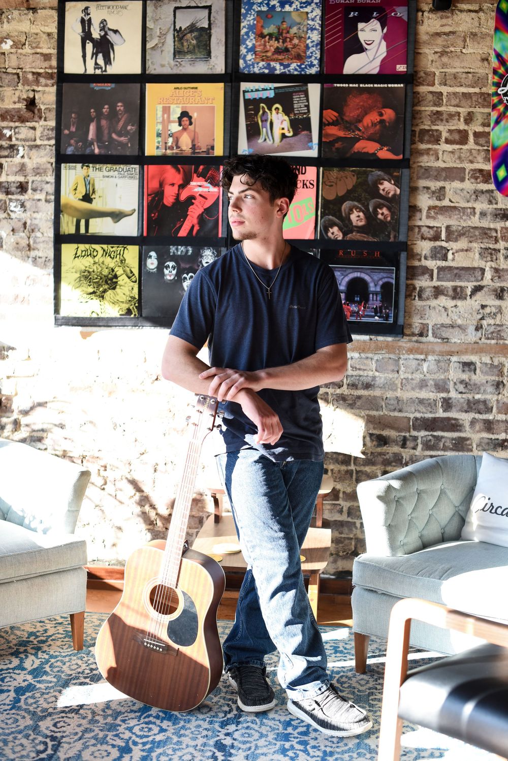 boy graduate senior cap and gown cool guitar music studio