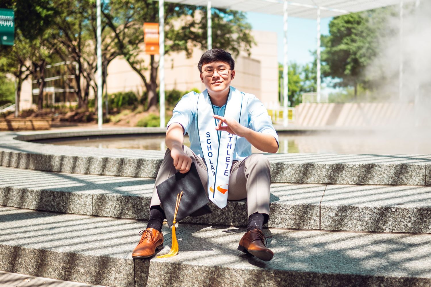 A series of playful shots taken on concrete steps in an outdoor setting.