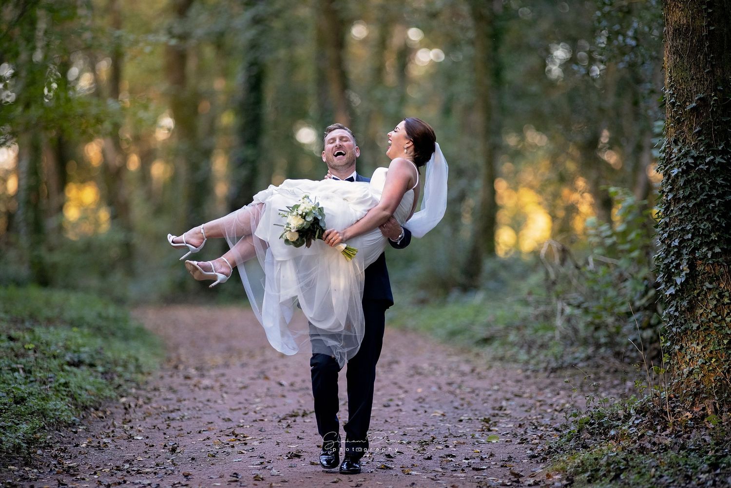 wedding couple laughing