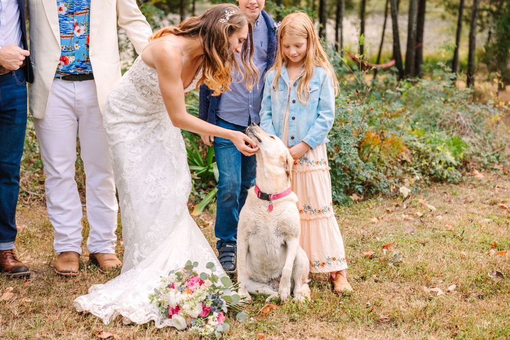 A white dog joins the wedding party on a fall day outdoors.